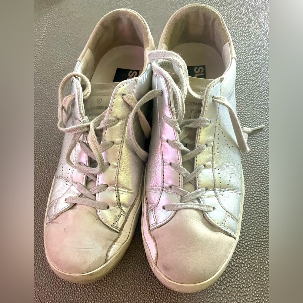 Women’s Silver and Cream Golden Goose Sneakers